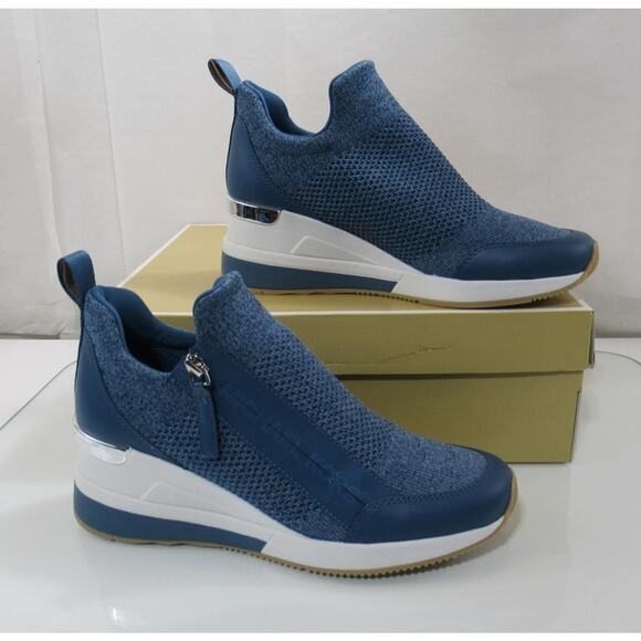 Michael Kors Willis Wedge Trainer Sneakers Zip MK Logo Union Wash Blue Size 8 - Picture 3 of 9